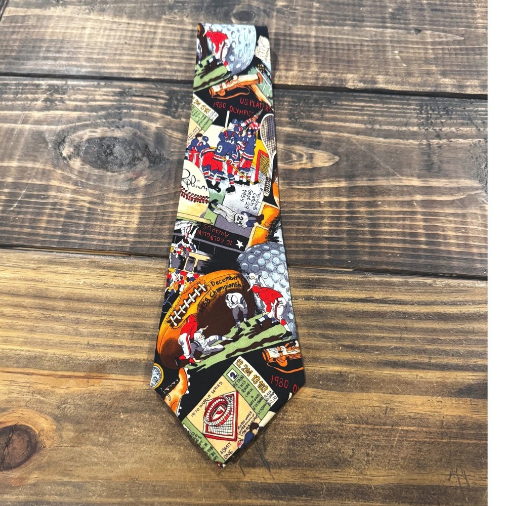 Nicole Miller Tie Multicolor 1993 Vintage Silk Sports Montage Novelty Print
